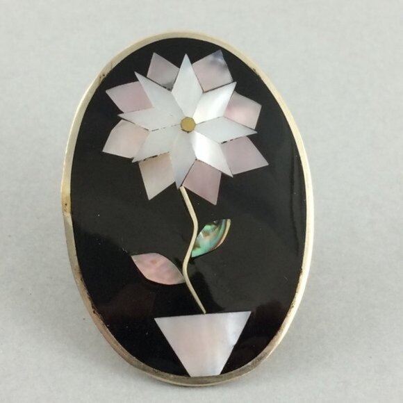 Vintage Oval Abalone Shell Scarf Clip Flower Leaves Silvertone Black Background - Picture 1 of 14